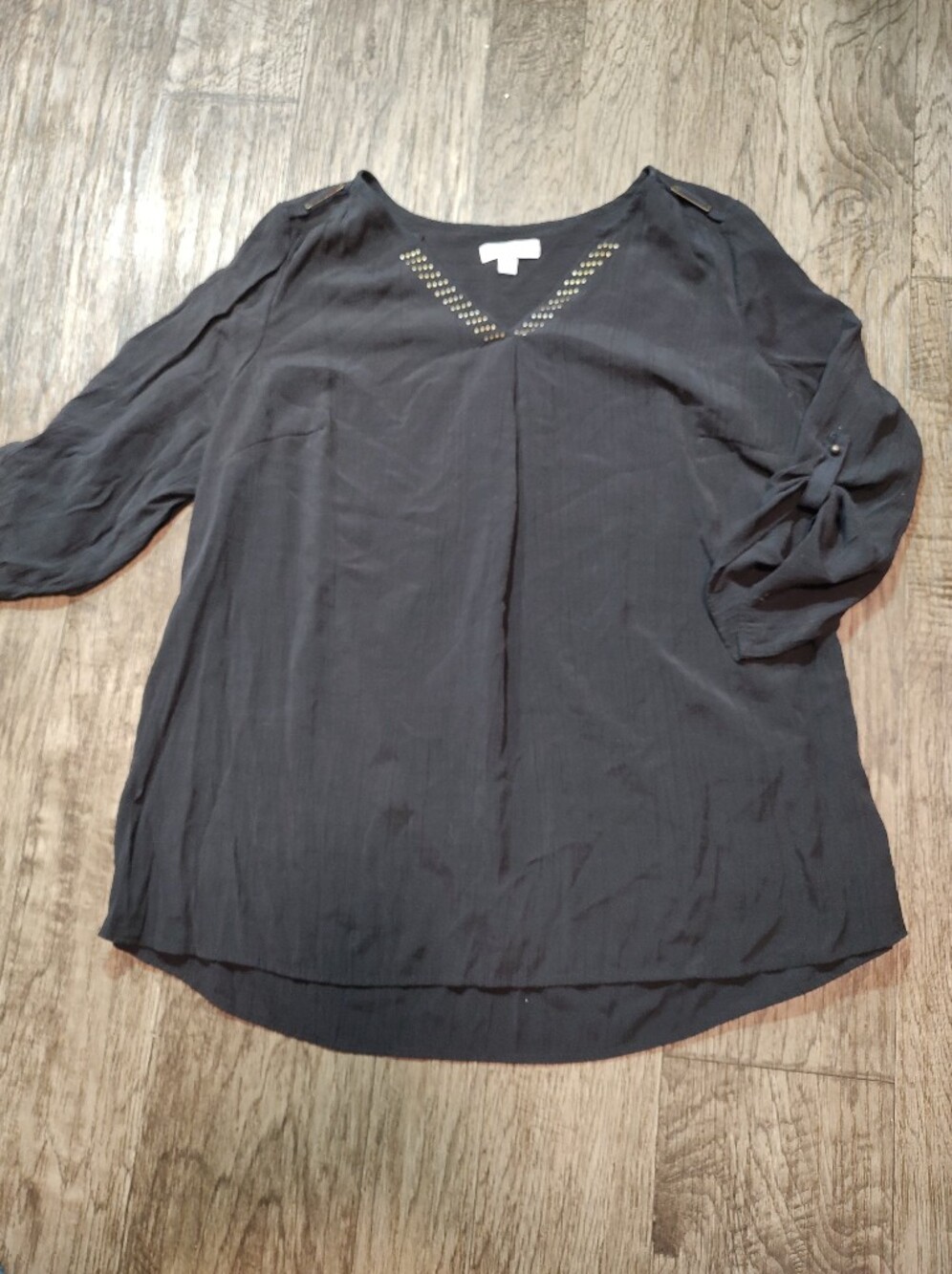 Kim Rogers Curvy Black Stud-Trim V-Neck Women's Blouse Size 1XL
